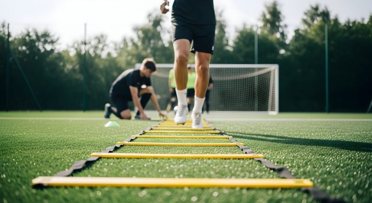 Joueurs réalisant un exercice de préparation physique sur échelle de rythme lors d'un stage sportif Sport'n Go