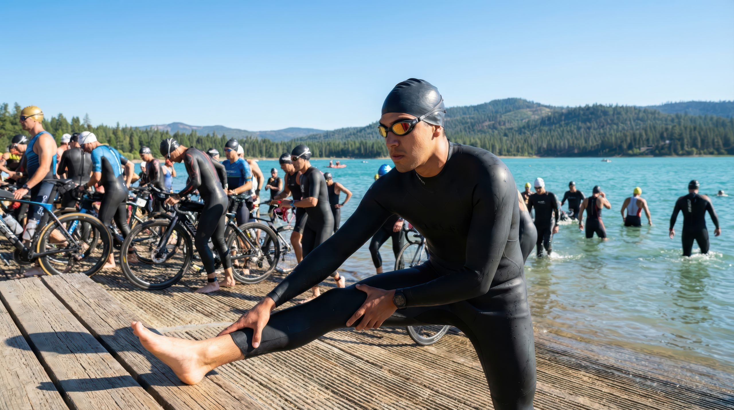 Triathletes warming up before an open-water swim session during a SPORT'N GO training camp 