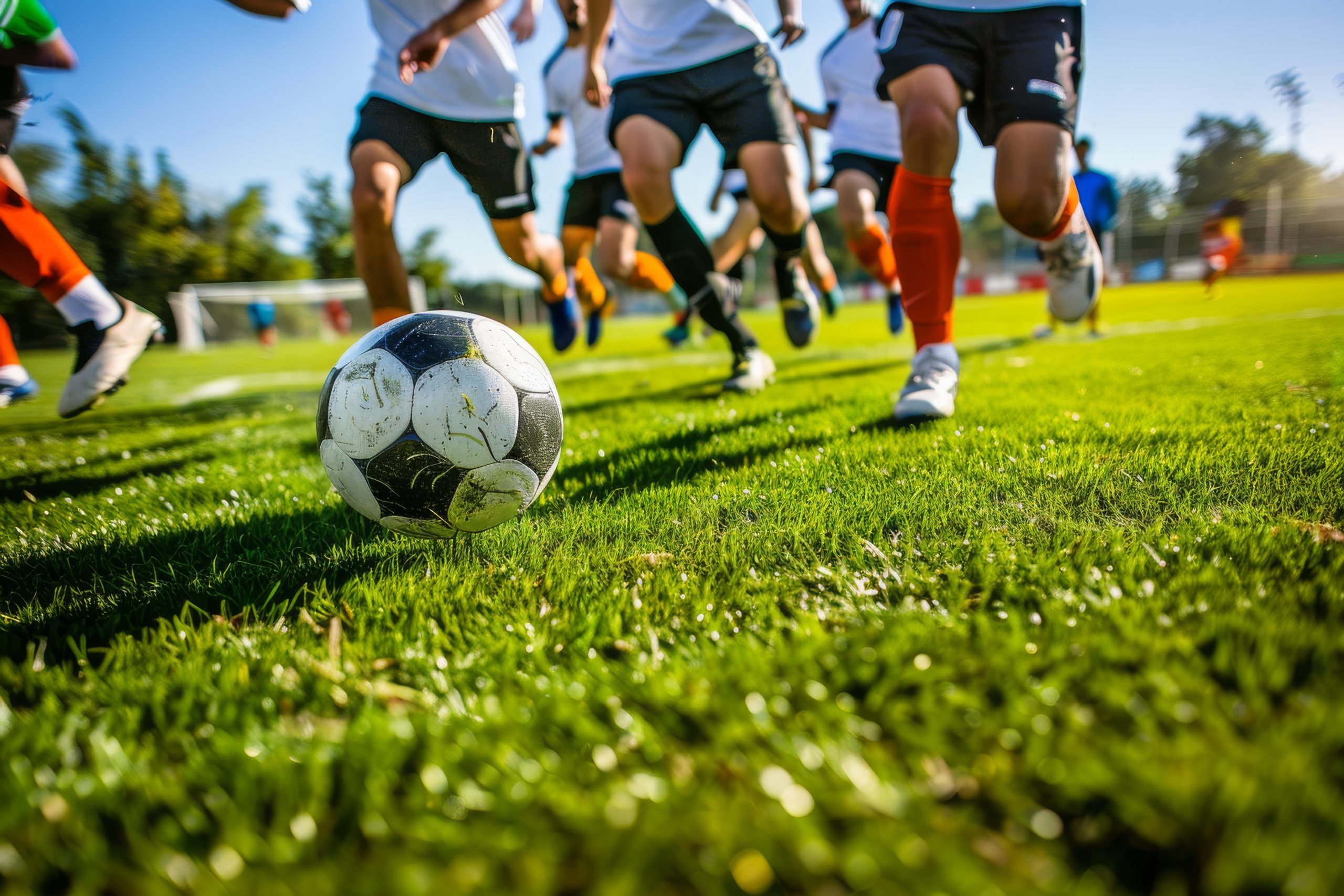Joueurs de football en entraînement sur terrain en gazon lors d'un stage sportif organisé par Sport'n Go