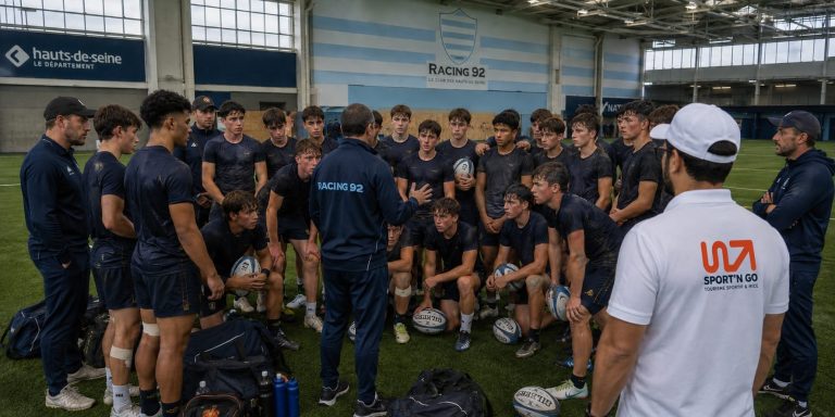 Coach présentant une séance d'entraînement à une équipe sportive lors d'un séjour organisé par Sport'n Go en France